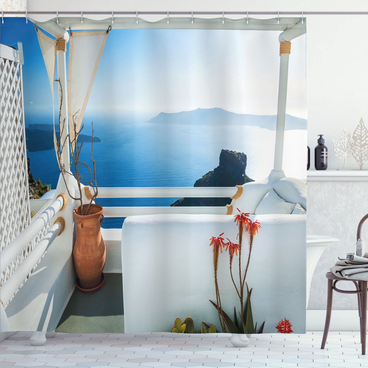 ABAKUHAUS griechisch Douchegordijn, Sunset Santorini, Stoffen Badkamerdecoratieset met Haken, 175 x 220 cm, Turkoois en Blauw