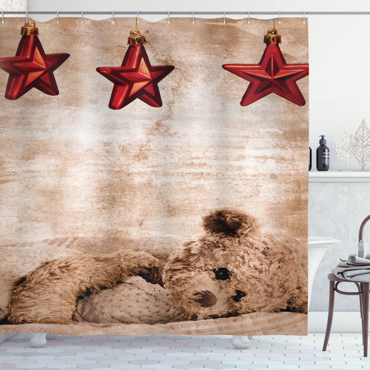 ABAKUHAUS Karikatuur Douchegordijn, Teddybär en Kerstmis Sterren, Stoffen Badkamerdecoratieset met Haken, 175 x 200 cm, Lichtbruin en Ruby
