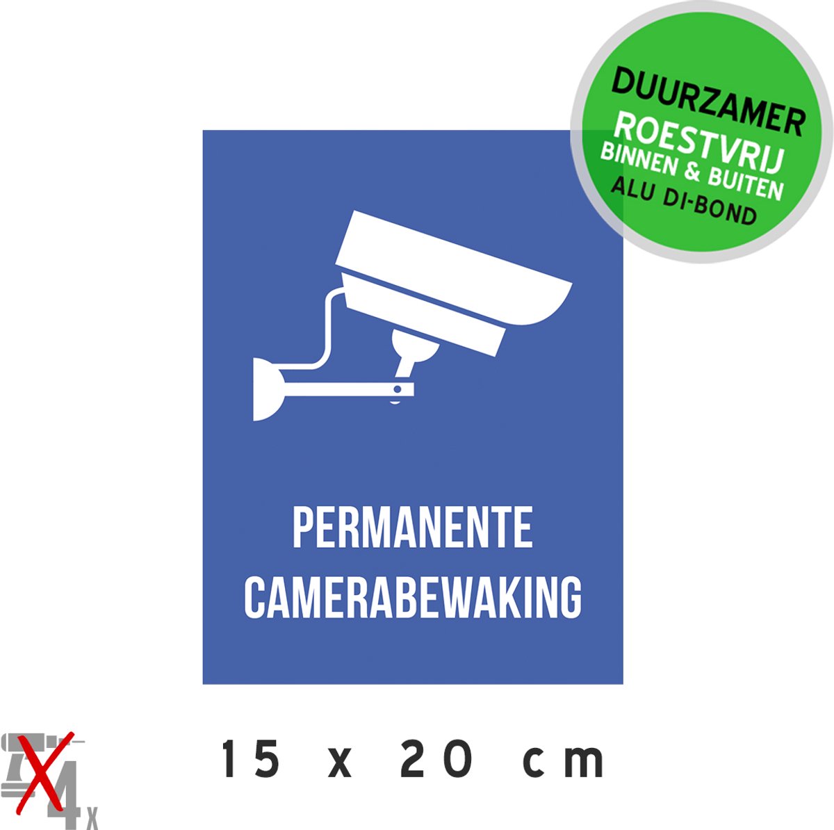 Pictogram/ metaal bord | "Permanente camerabewaking" | 15 x 20 cm | Beveiligingscamera | Blauw | Duurzaam | Camera toezicht | Let op! | Bewaking | Waarschuwing | Roestvrij | 1 stuk