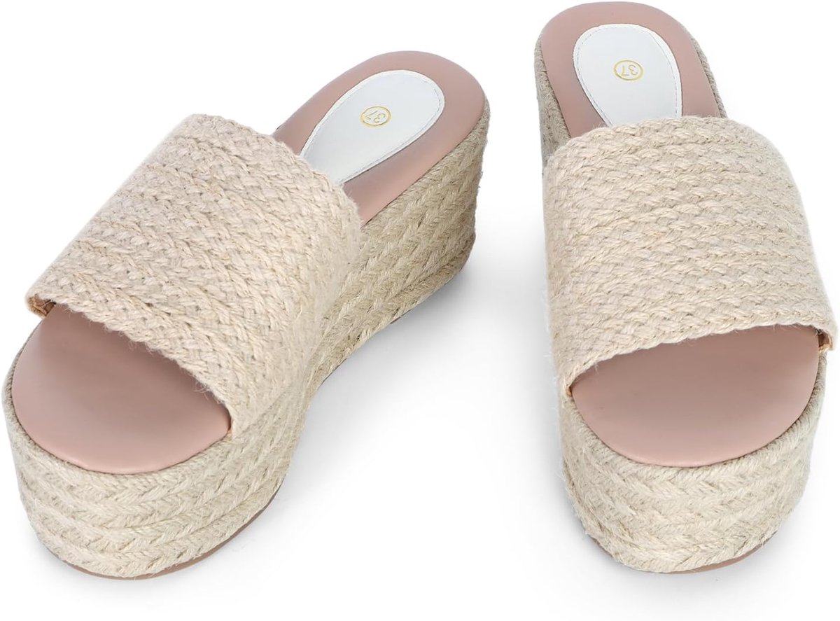 Strandsandalen voor dames, sleehak, jute en bast, hoge hak, zwaardstijl, bohemian-design met open tenen