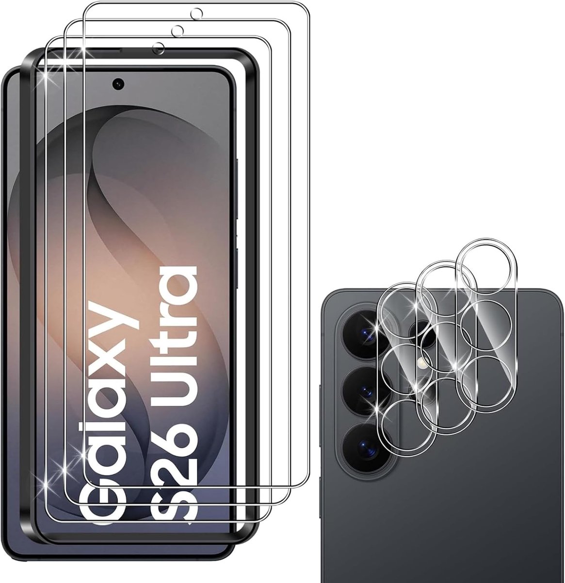 Protector voor Samsung Galaxy S26 Ultra Screenprotector, 3 Stuks Armor Beschermfolie met 3 Stuks Camerabescherming, Beschermend Glas, Hard Glas 9H, met Eenvoudige Installatietool
