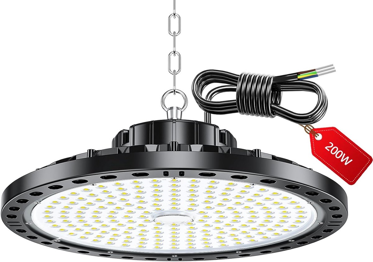 200 W, 20.000 lumen, UFO zaalverlichting, led met transformator, IP65 waterdicht, werkplaats, plafondlamp, 6500 K, UFO industriële lamp voor garage, fabrieken, winkel