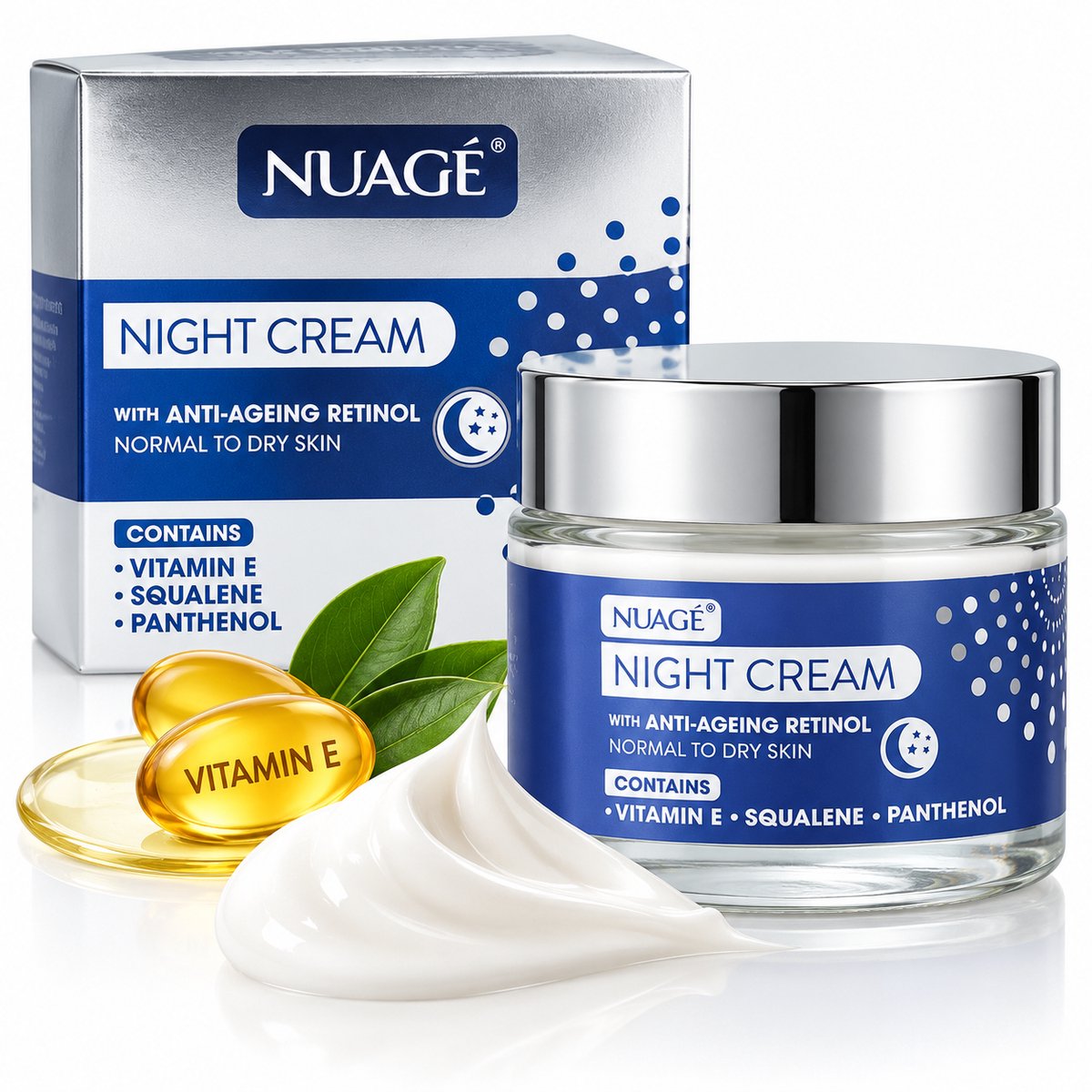 Nuagé Nachtcrème 50 ml – Gezichtscrème Normale tot Droge Huid – Met Retinol, Vitamine E, Squalaan & Panthenol – Rijke Nachtverzorging – Moisturizer – Gezichtsverzorging