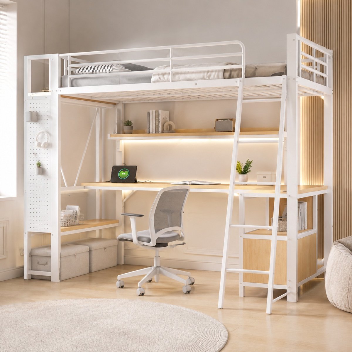 WUVRIE Hoogslaper 90 x 200 cm met bureau, opbergruimte, LED-verlichting en USB-aansluiting, wit