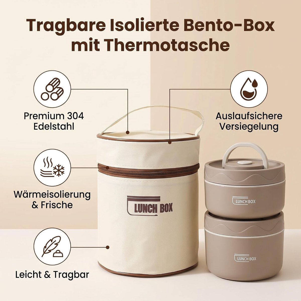 Isolerende Lunchtas met Thermische Box, RVS Voedselcontainer, Multifunctionele en Draagbare Thermosbox met Koeltas - Beige, 4 Stukken