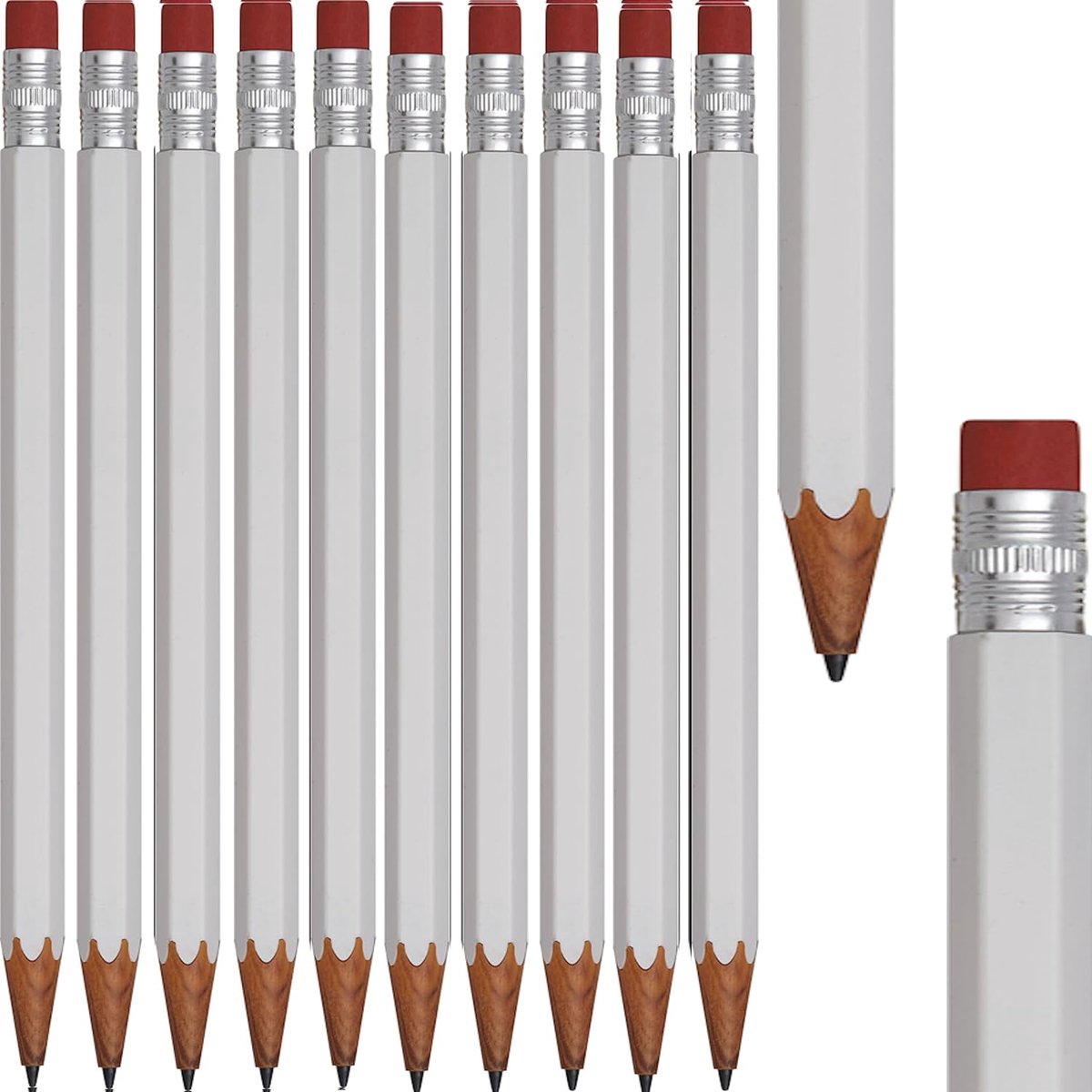 10 stuks mechanische potloden van kunststof met hout-look en gum aan het uiteinde, inclusief 1 x 0,7 mm potloodmine. Geschikt voor school, kantoor, huishouden en universiteit in 6 kleuren (wit)