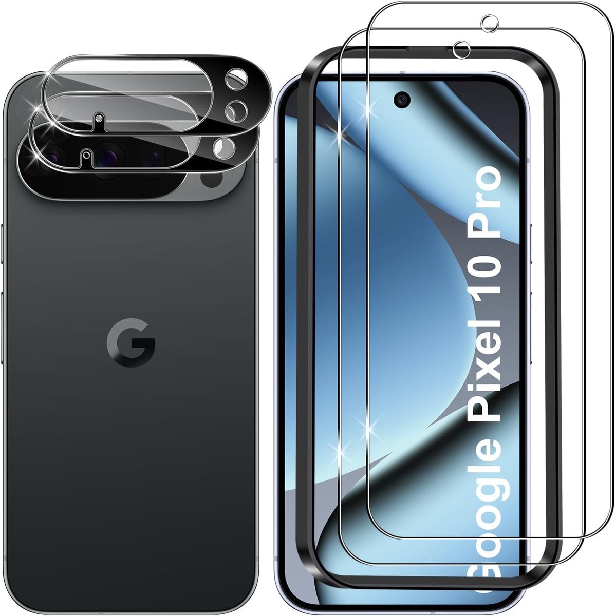 Gehard glas voor Google Pixel 10 Pro, 2 + 2 stuks displaybeschermfolie + achtercamera beschermfolie (zwart), 9H hardheid HD krasbestendig zonder luchtbellen gehard glas displaybeschermfolie