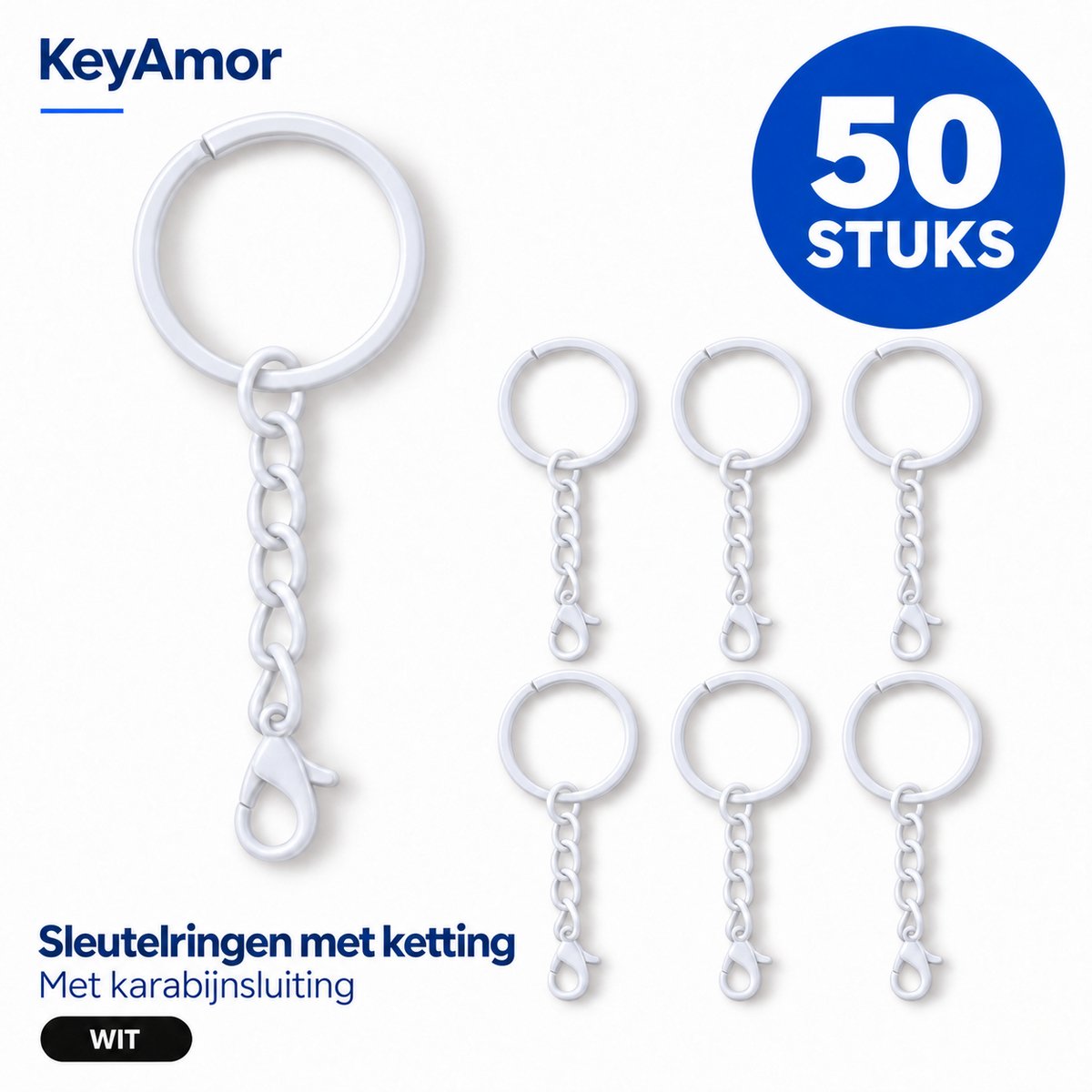 50 Stuks Sleutelringen met Ketting en Karabijnsluiting - Opener Tang, DIY Ring - Karabijnhaak Sleutelhanger Hobby set - 25mm Sleutel Ringen - Mini Musketonhaak Keyrings Splitring - Keychain & Sleutellabels Zelf Maken - Wit