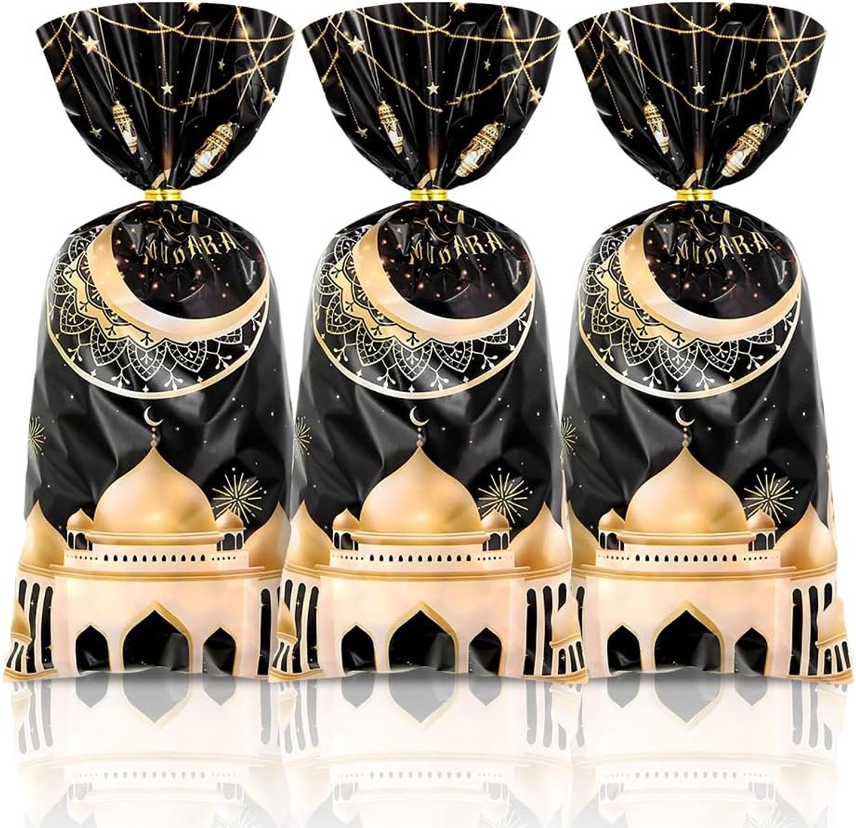 Mubarak Cellofaan Goodie Bags, 50 stuks kasteel maan ster patroon traktatie zakken Ramadan thema snoep zakken met gouden twist banden voor moslim islamitische Eid Iftar Diwali arty gunst