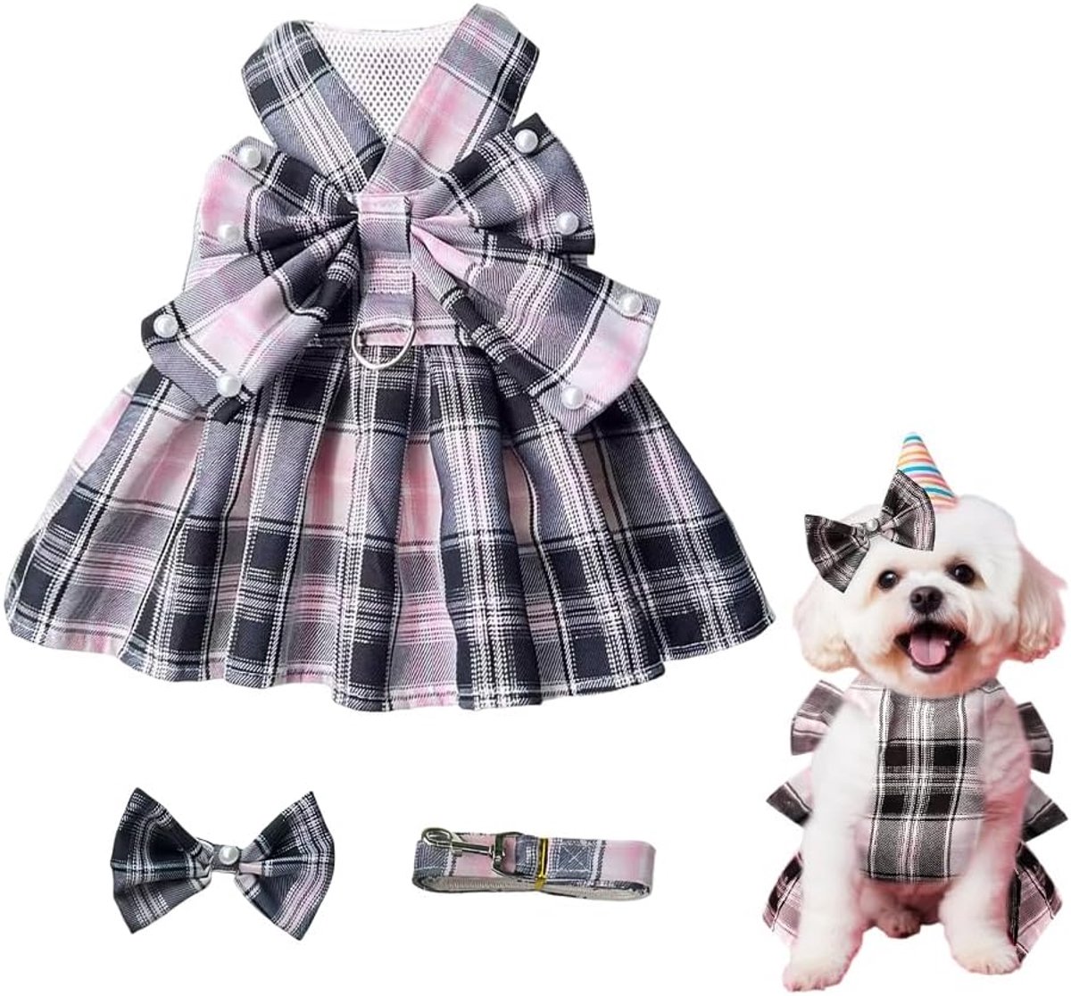 Roze en zwarte tartan hondenjurk met vlinderdas hondenkleding ademend voor bruiloft en ceremonies voor kleine, middelgrote en grote honden (M)