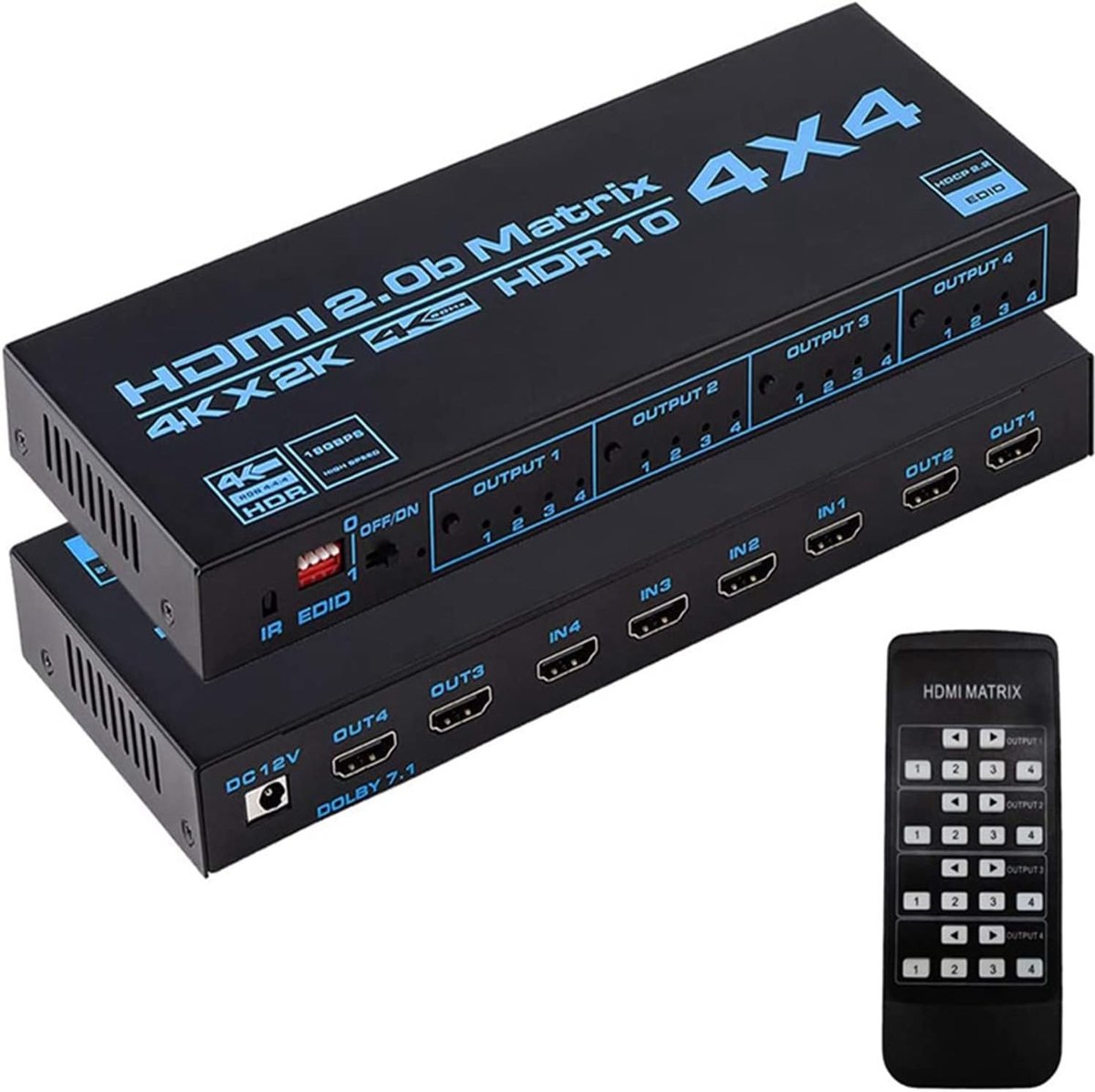 4 x 4 matrixselectie, 4K HDMI matrix 4 ingangen 4 uitgangen matrix HdMI 2.0 poorten 4x4 ondersteunt 4K @ 60Hz 4K Dolby Vision HDR HDCP 2.2 ondersteuning afstandsbediening