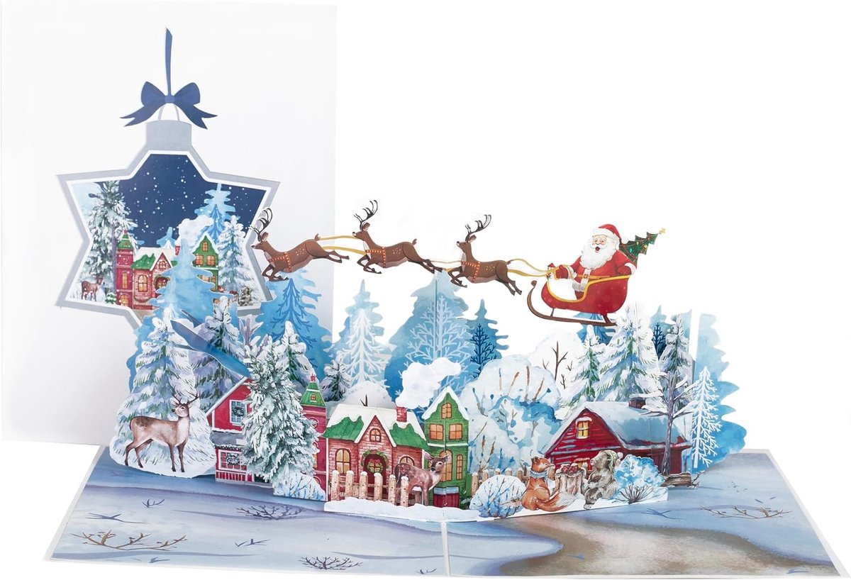 Kerstkaart met 3D pop-up kerstman, rendieren en winterlandschap - opvouwbare wenskaart voor de feestdagen - incl. envelop