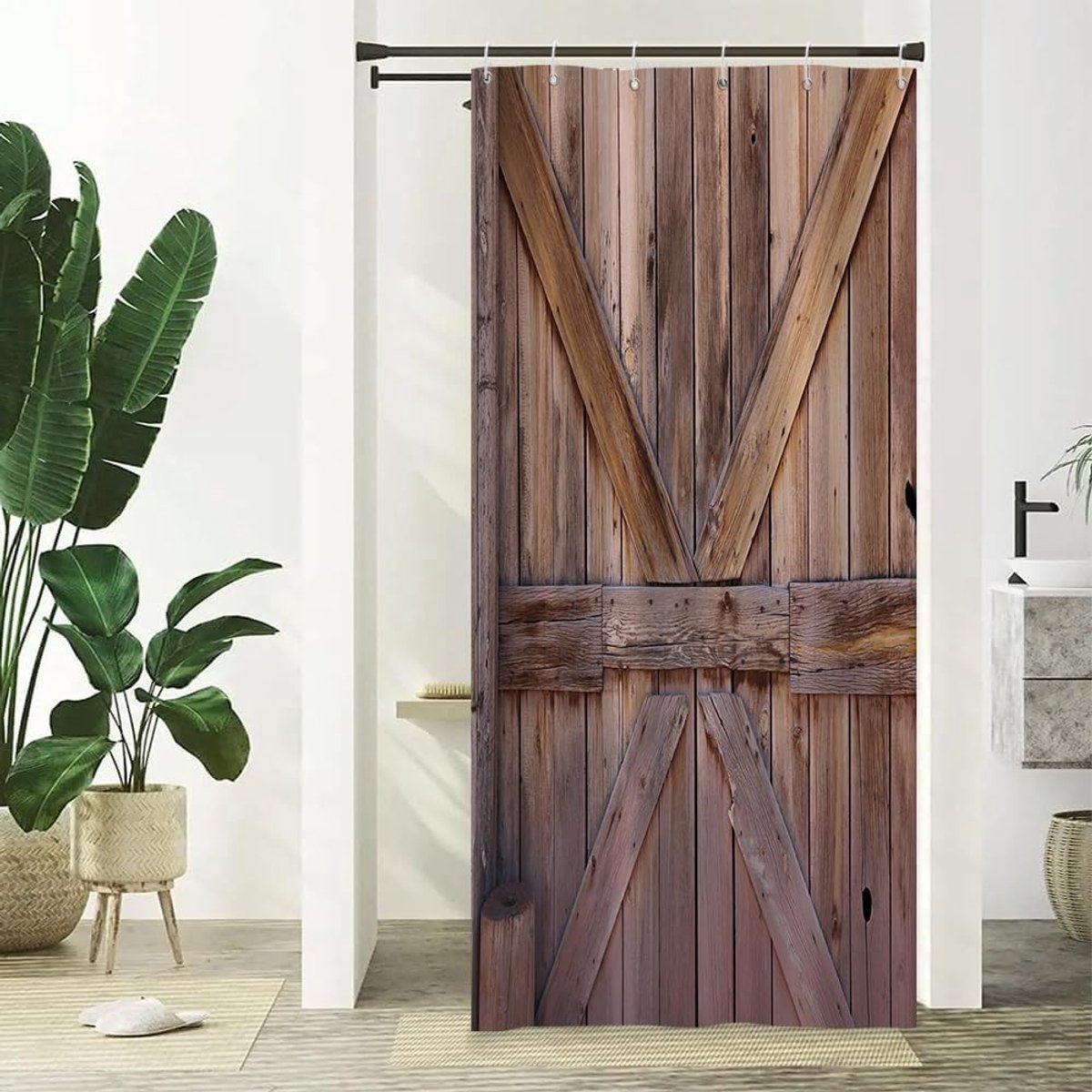 douchegordijn, houten schuurdeur, badkamer gordijn, rustiek bruin houten plank, boerderij, waterdicht, schimmel- en schimmelbestendig, wasbaar badgordijn voor badkamerdecoratie, 90 x