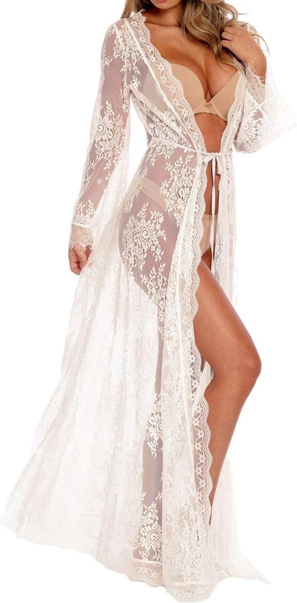 Kanten Bloemenjurk Losse Kaftan Boho Ruime Kimono Strand Bikini Bedekkingsjurken