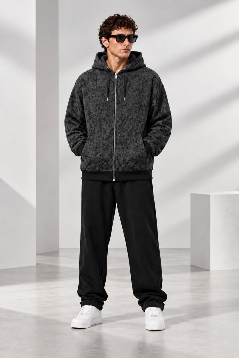 Modieuze Geprinte Zwarte Hoodie met Rits en Comfortabele Pasvorm voor Heren -M