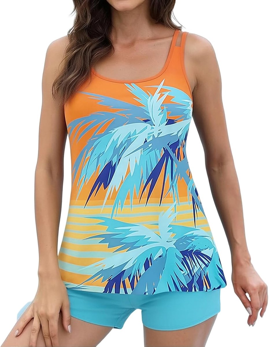 Generisch Tankini Damen Set Zweiteilig Bauchweg Badeanzug Push up Bademode mit Plissiert und Sexy Drucken Schwimmanzug Mit Oberteil Und High Waist Badeshorts Strand Ferien Freizeit
