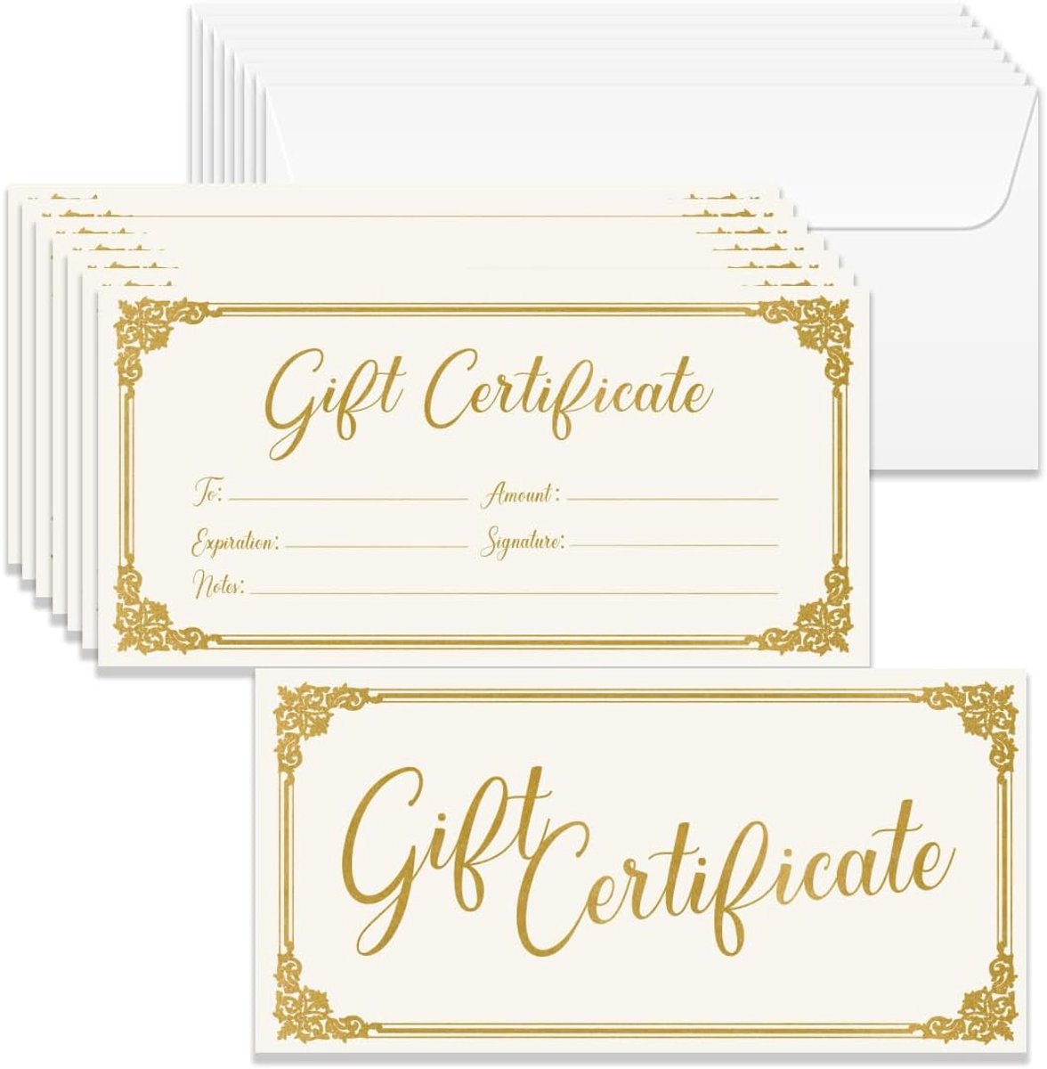 40 sets cadeaubonnen voor bedrijven, lege cadeaubonnen, certificaten, enveloppen, 17 x 8,5 cm, gouden randkaarten, vouchers, vakantie, verjaardag, restaurant, spa, schoonheid, make-up, kapsalon