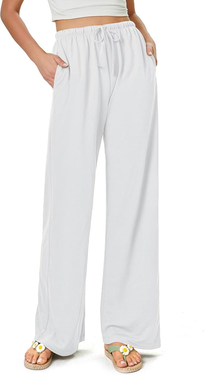 Damesbroek, flowy brede pijpen, vrijetijdsbroek, casual, strand, hoge taille, trekkoord, palazzo broek met zakken