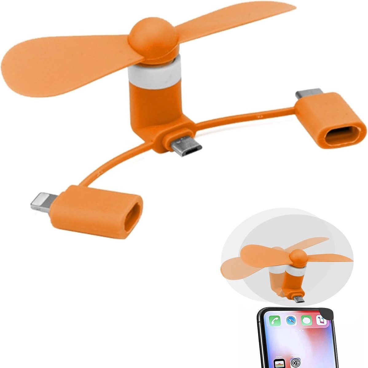 Mini-telefoonventilator, USB-ventilator, 3-in-1 mobiele telefoonventilator, compatibel met iPhone/iPad/Android-smartphone/tablet, micro-USB/type C/Lightning-poort, mini-mobiele telefoon