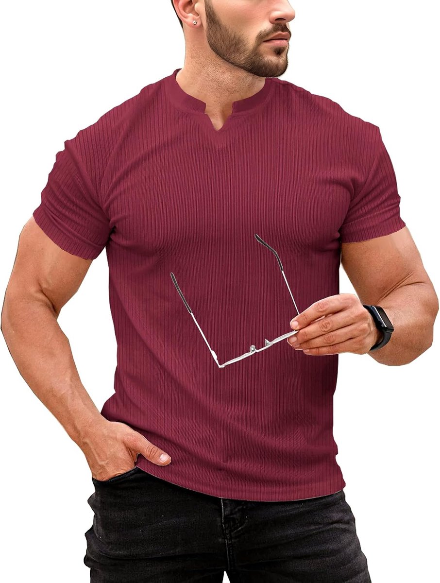 T-shirt met lange en korte mouwen voor heren, smalle pasvorm, V-hals, atletisch bovendeel casual, rekbaar en geribbeld