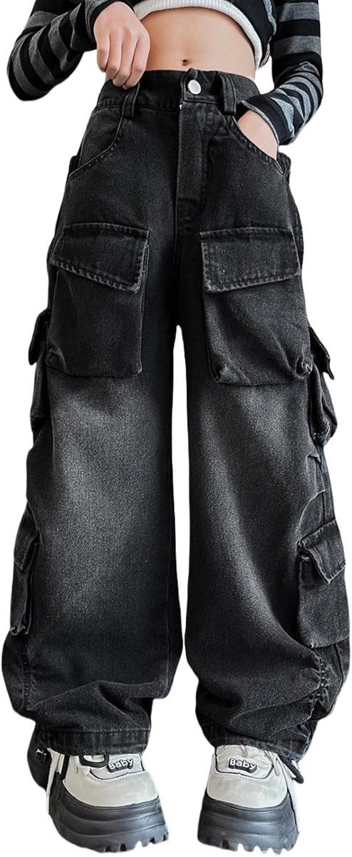 Baggy cargobroek voor meisjes met elastische hoge taille, rechte streetwearbroek met wijde pijpen en meerdere zakken