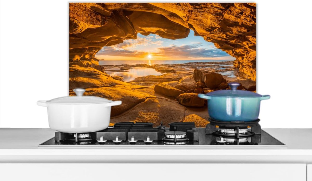 Spatscherm Keuken - 70x50 cm - Grot - Zee - Horizon - Zonsondergang