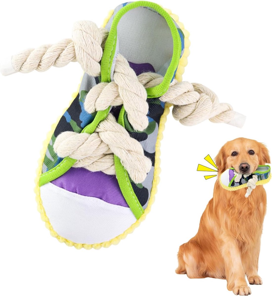 Hondenspeelgoed, schoenvormig interactief hondentouw, speelgoed met knijper en bel, zacht kauwspeelgoed voor puppy's om tandreiniging te verminderen verveling, indoorplezier (geel)