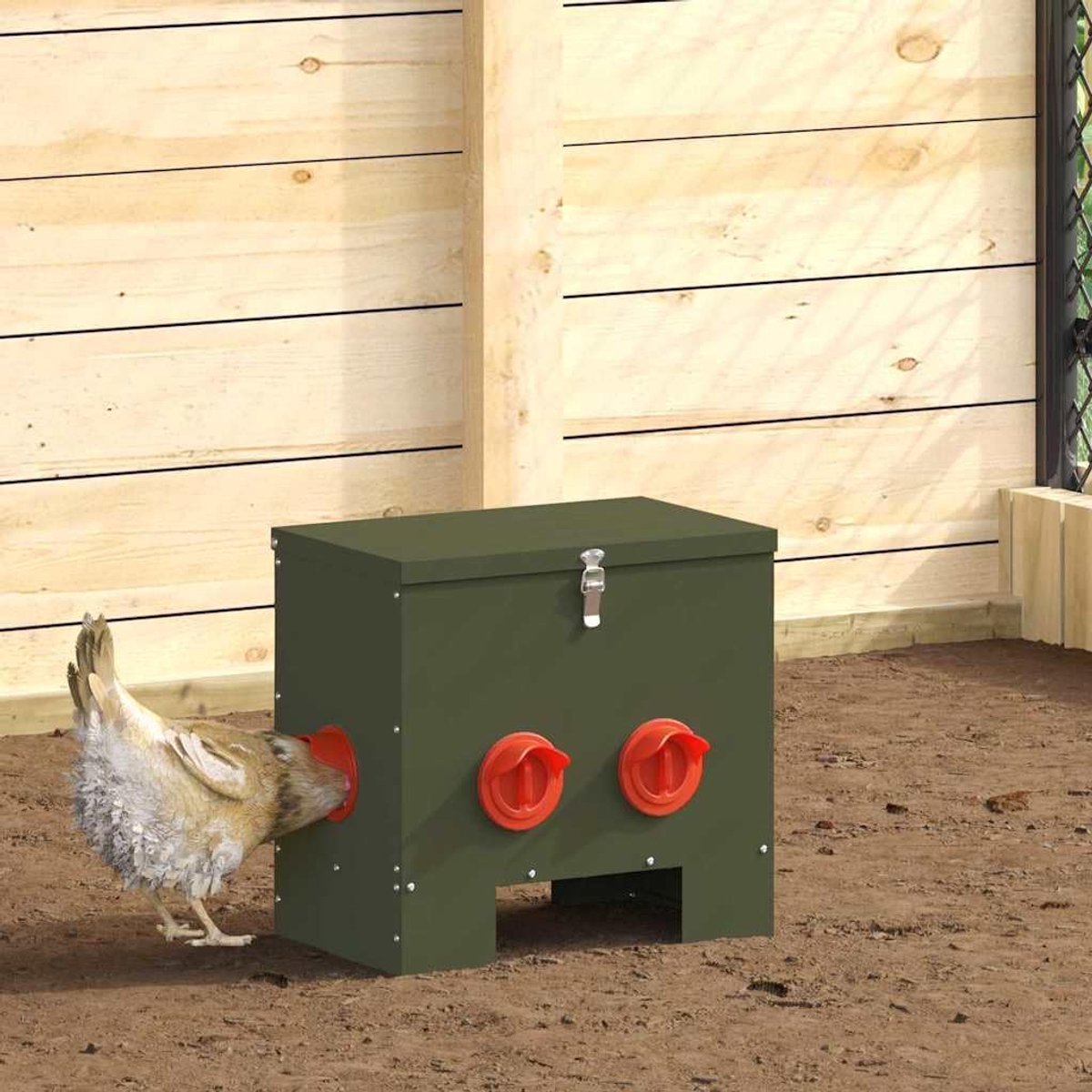 Voederautomaten van staal, 40,5 x 25 x 38 cm, olijfgroen, weerbestendige voederautomaat voor gevogelte
