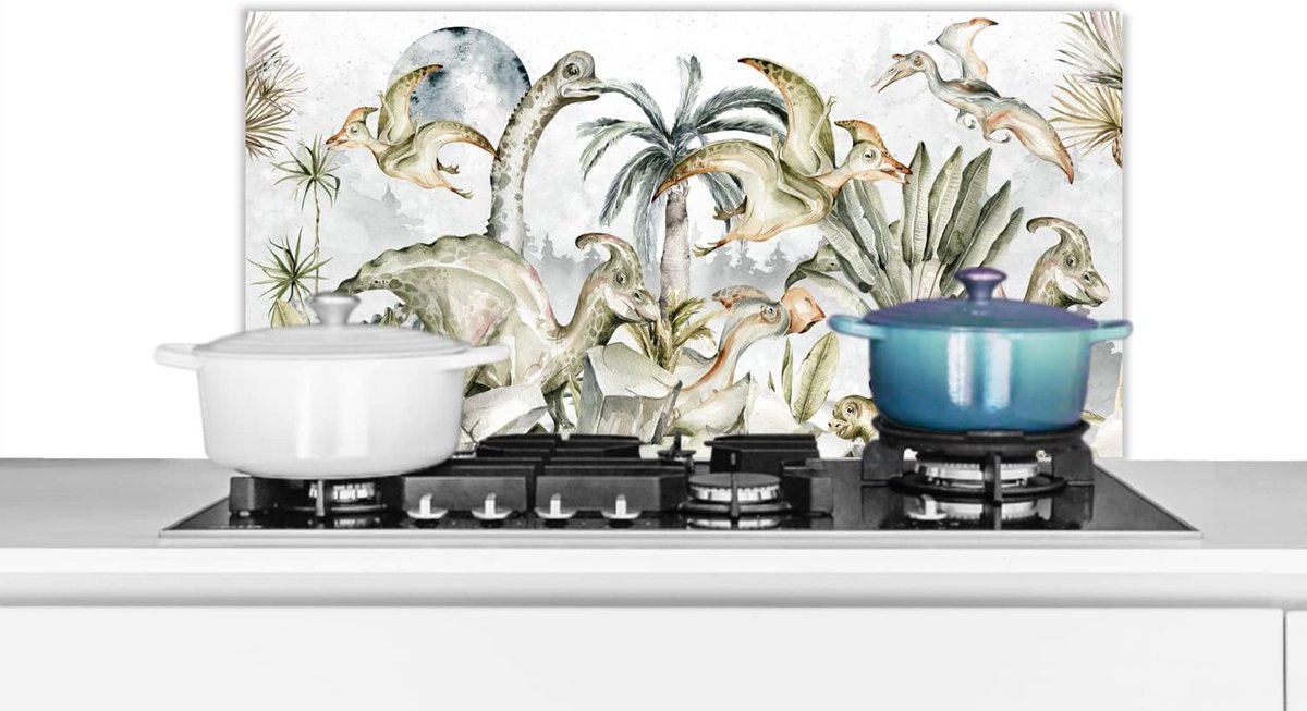 Spatscherm Keuken - 80x40 cm - Dinosaurus - Kinderen - Jungle - Groen - Dieren - Natuur