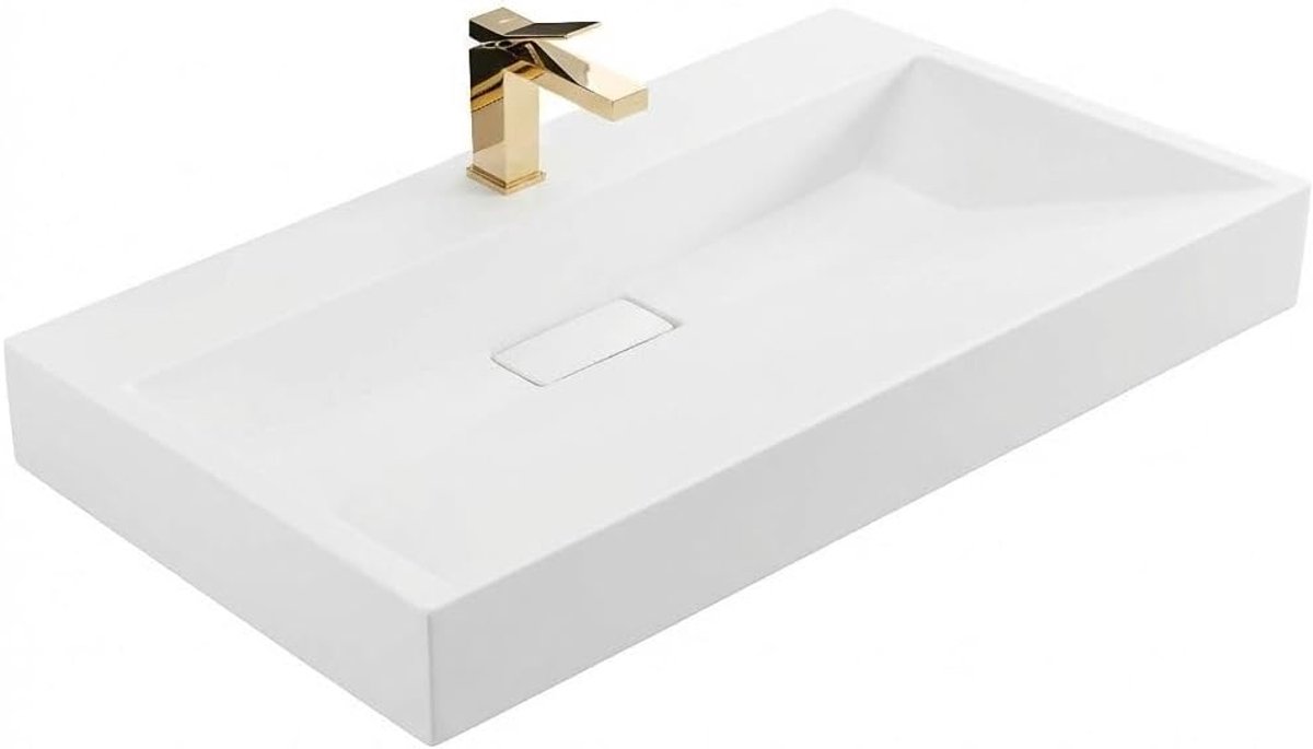 Wastafel opzetwastafel steen hoogglans handwastafel wit opzetrechthoekig 46x100 elegante badkamerkraan kraan badkamerkraan nano-coating (100 CM)