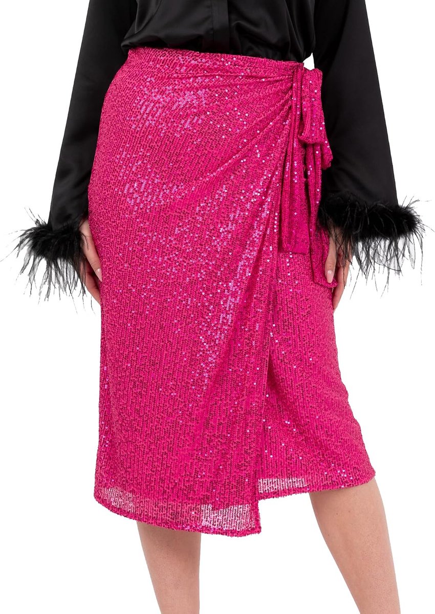 Dames Midi Rok Dames Wrap Pailletten Versierd Lined Avondgelegenheid Feestkleding, Fuchsia Pink 40, Fuchsia pink., 40