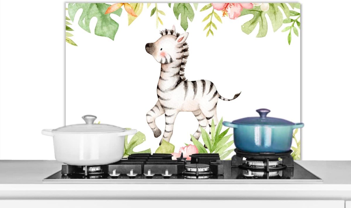 Spatscherm Keuken - 80x55 cm - Zebra - Bloemen - Jungle - Waterverf