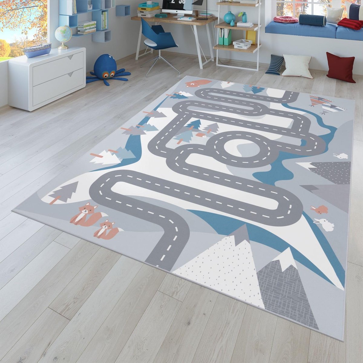 Home Kindertapijt, speeltapijt, voor kinderkamer, straatmotief, met dieren, crème, Maat:100x200 cm
