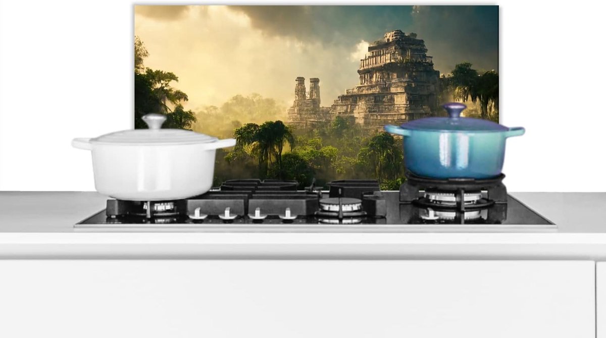 Spatscherm Keuken - 60x30 cm - Tempel - Jungle - wolken - Lucht - Natuur