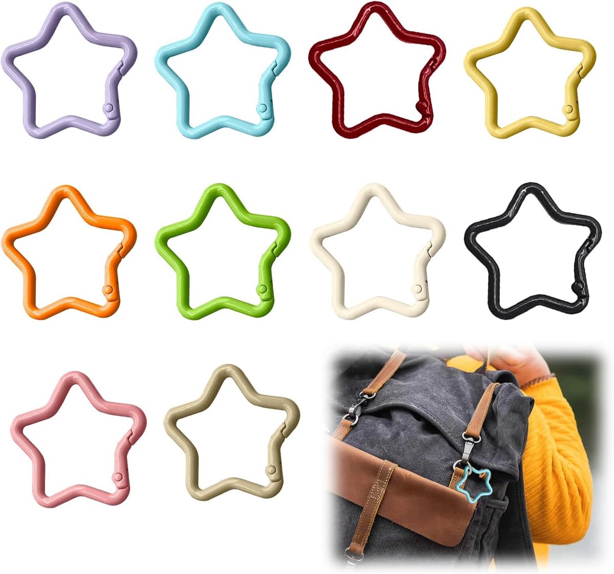 Set van 10 sterren karabijnsleutelringen, duurzaam, compact, 4,1 x 0,4 cm, ideaal voor doe-het-zelf rugzak, reizen en camping, perfect outdoor-accessoire (10 kleuren)