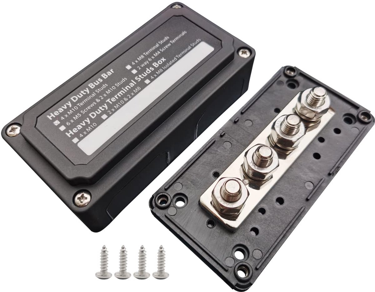300 A Verzamelrail 12 V - 48 V DC, verdelerrail, messing, terreinwagen, massaverdeler, boot, draadbox, camper, verzamelraildoos, M10, 3/8 moeren, busbar, zwart