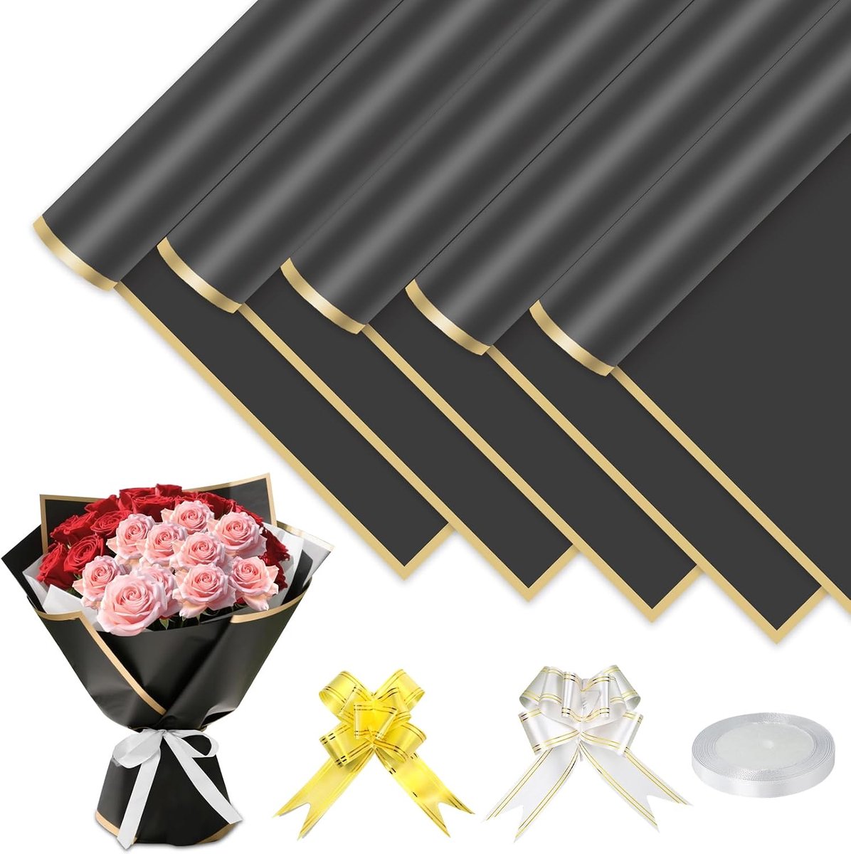 25 vellen bloemenpapier, 58 x 58 cm, zwart boeket papier met band, waterdicht boeket papier voor geschenkverpakkingen, bloemistiek en knutselbenodigdheden