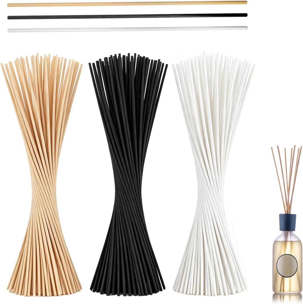 240 stuks geurstokjes van vezel, 20 cm x 3 mm, diffuserstokjes, stokjes voor kamergeur, aromadiffuser, staafjes voor etherische oliën in huis, kantoor, hotel, spa (natuur, zwart, wit)