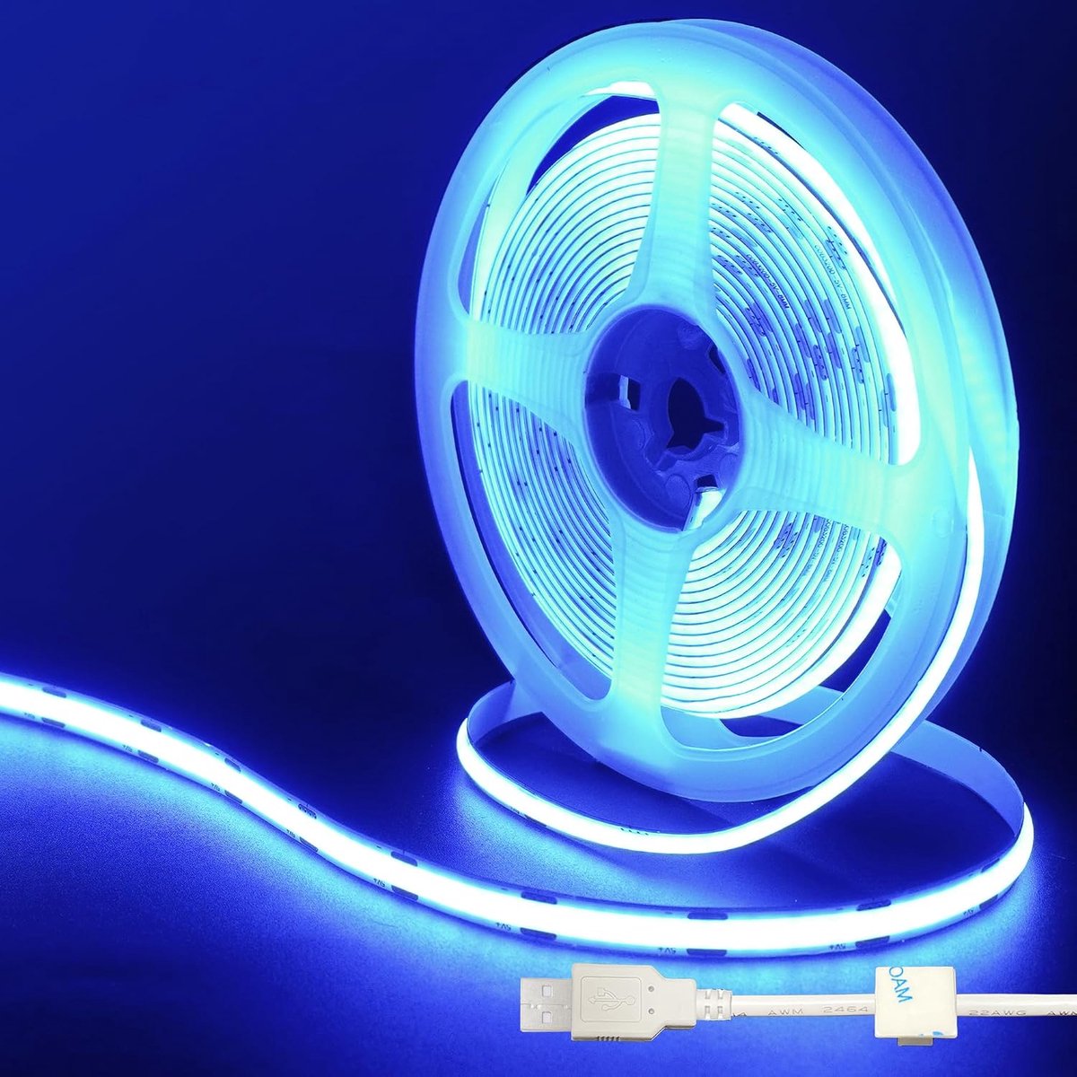 5V USB COB LED strip licht, 16.4FT/5M, blauw, 320led /M, 8mm breed, niet waterdicht IP20,1M USB kabel, flexibele LED strip licht voor doe-het-zelf interieur