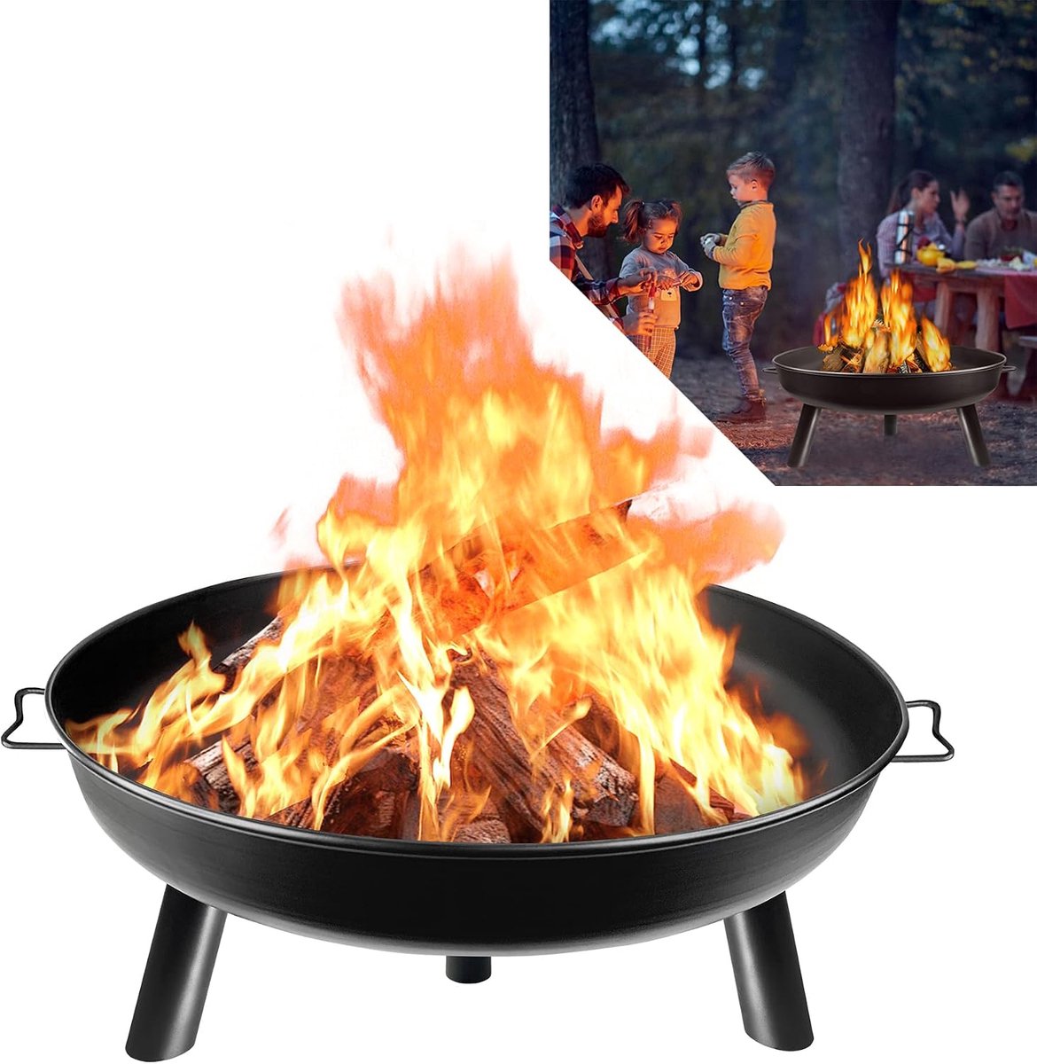 Vuurschalen voor de tuin, rond, diameter 80 cm, metalen vuurkorf met handgreep, 3 afneembare poten, voor outdoor, camping, kampvuur, verwarming, houtvuur