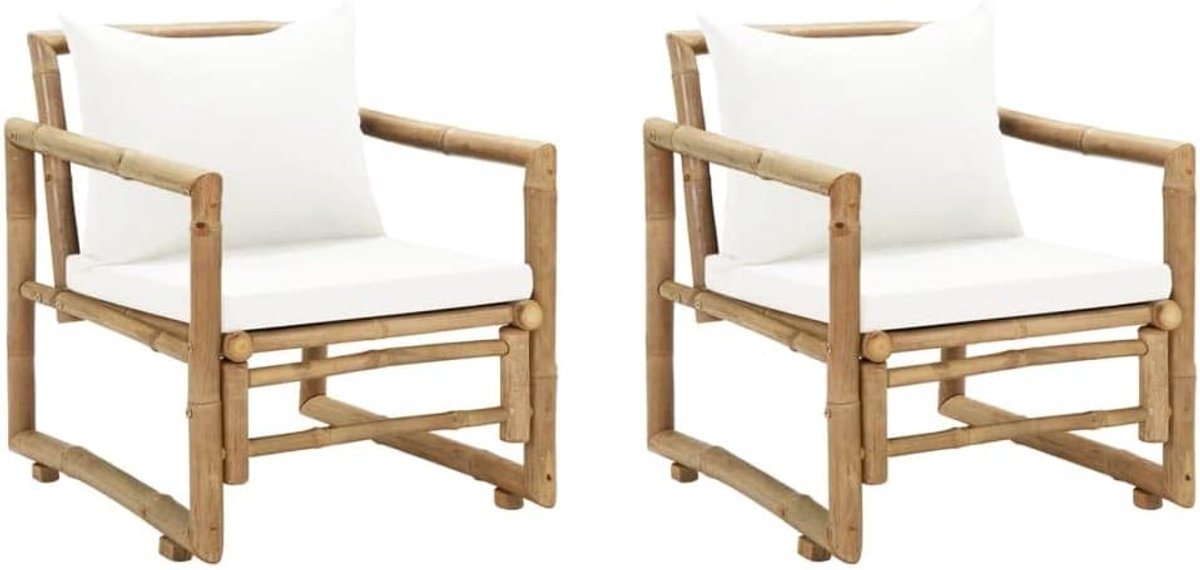 Tuinstoelen met kussens, 2 stuks, comfortabele terrasstoelen met dikke afneembare kussens voor zitting en rugleuning, klassiek design in natuurlijk bamboe,