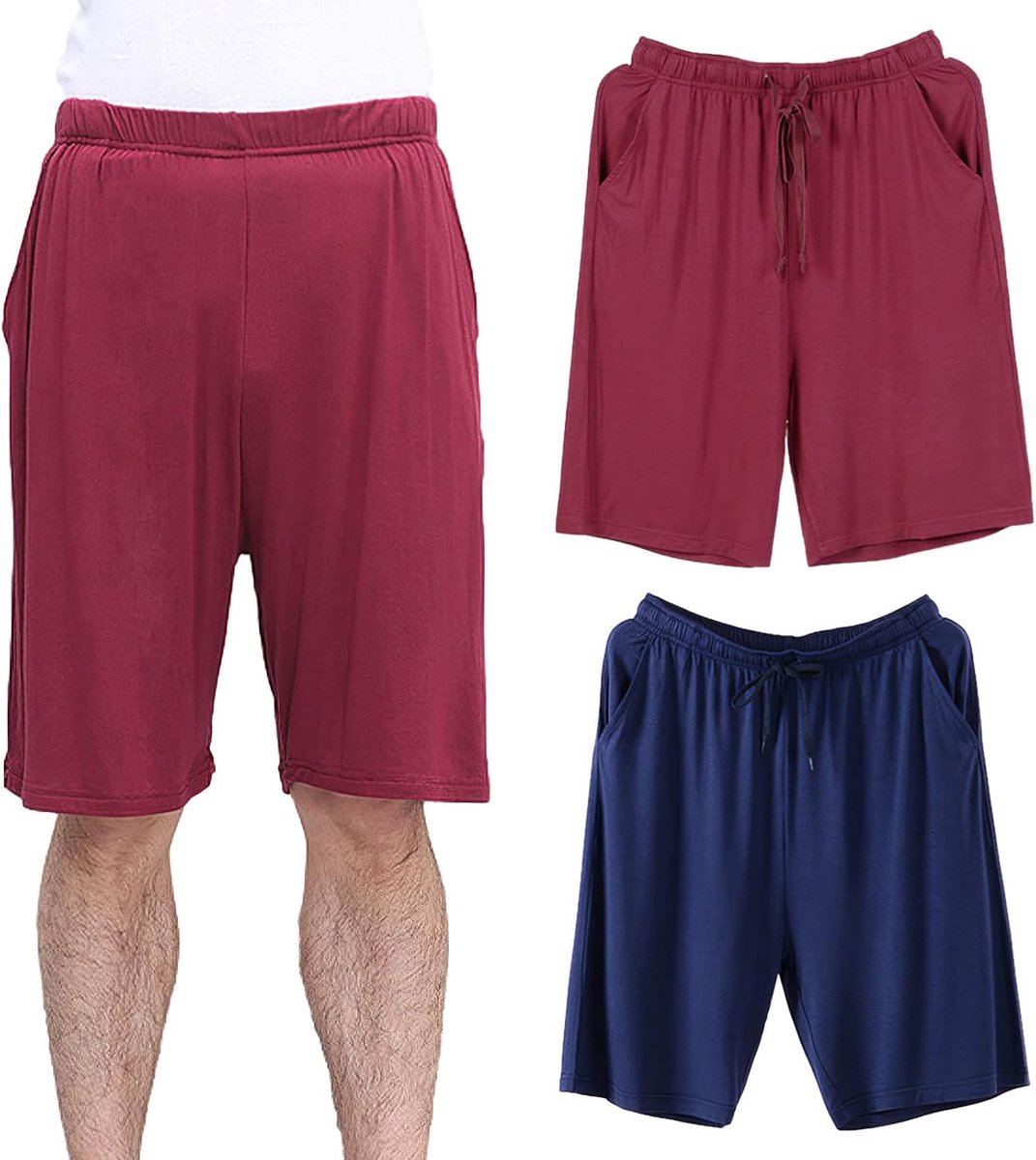 Plus Size 2 Pack Zachte Elastische Pyjama Bottoms Shorts Dunne Lichtgewicht Slaap Lounge Shorts Met Zakken S-6XL, Bordeaux + Marineblauw, 3XL