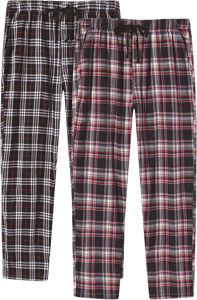 Pyjamabroek, lang, geruit, katoen, zacht, nachtkleding, vrijetijdsbroek, 2 Pack 04., XS
