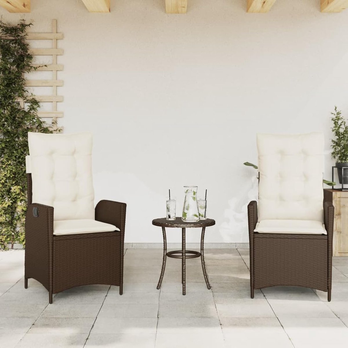 Tuinstoelen, P365266, 2 stuks, met bruine kussens van polyrotan, fauteuil, buitenstoelen, eetkamerstoelen voor buiten, terrasstoelen