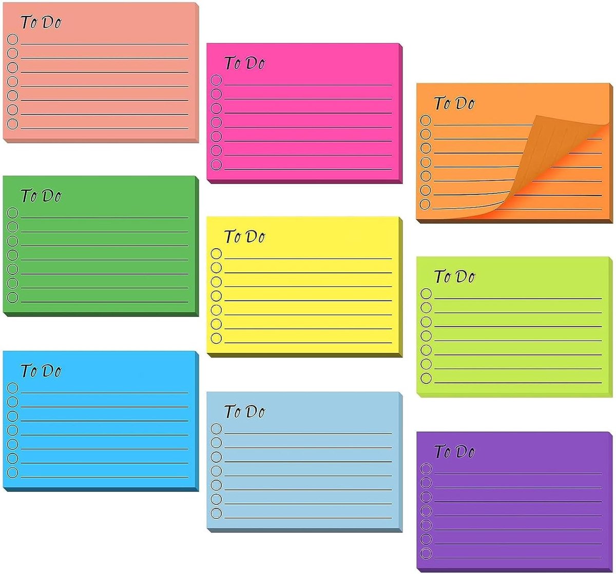 9 verpakkingen om te doen lijst plaknotities, 450 vellen kleurrijke zelfklevende notities, memoblokken voor kantoor/school/thuis, bureauorganizer benodigdheden en planner accessoires (7 x 10 cm)