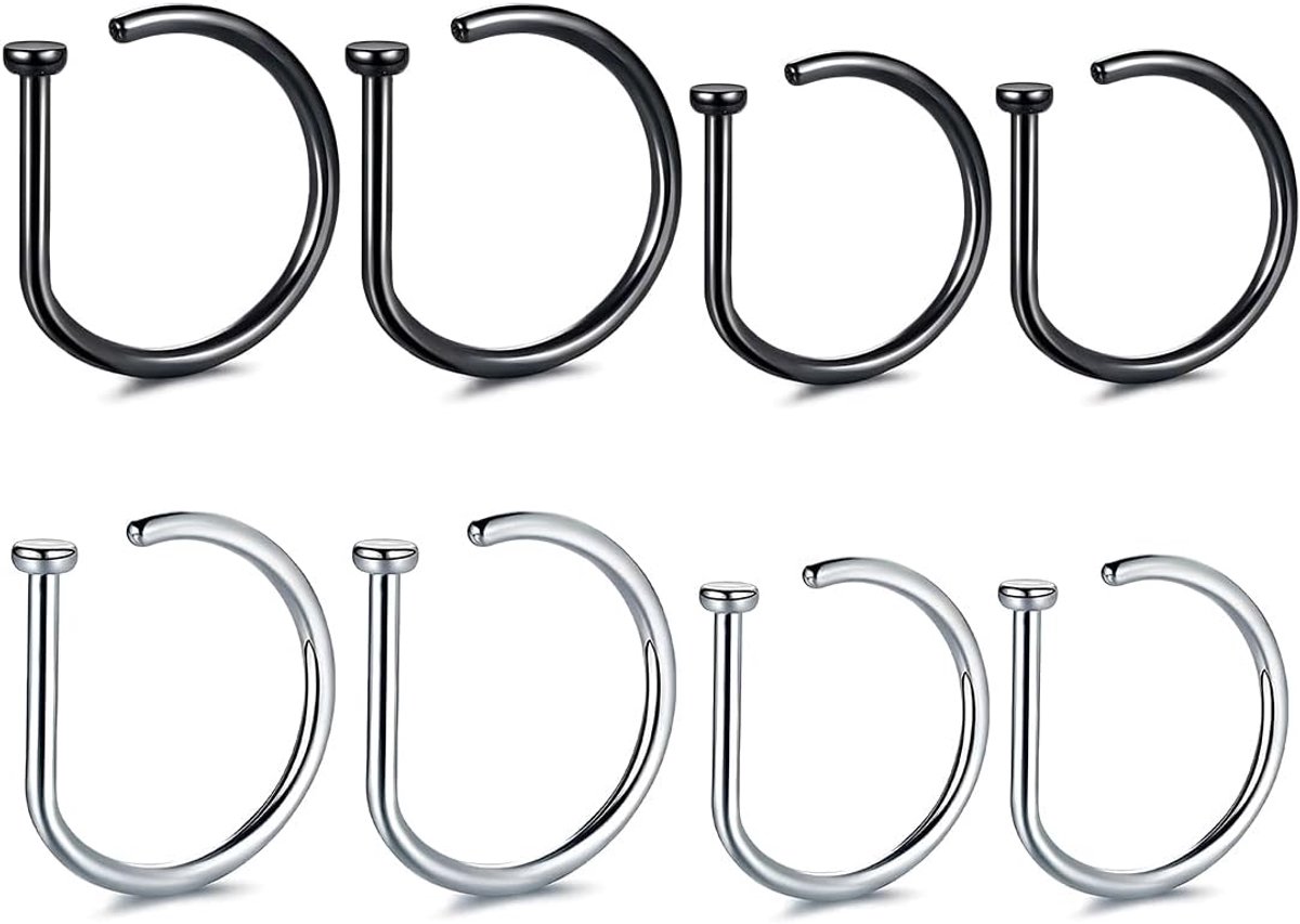 8 Nep Neusring, D-vorm, RVS, Zwart+Zilver