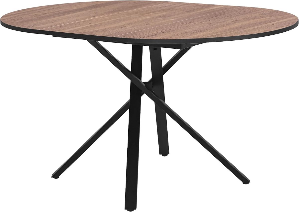Uitschuifbare Ronde Eettafel in Bruine Houtlook voor 4-6 Personen 100-140 x 76 x 100 cm, Keukentafel en Woonkamertafel met X-Vormig Stalen Onderstel, Moderne Tafel voor Keuken en Eetkamer