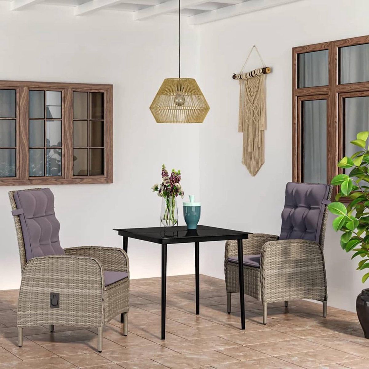 3-delige eetkamerset, voor de tuin, buiten, van polyrotan, grijs, glas, zwart, set van glas en 2 tuinstoelen, buiten, terras, veranda, eettafel en tuinstoelen
