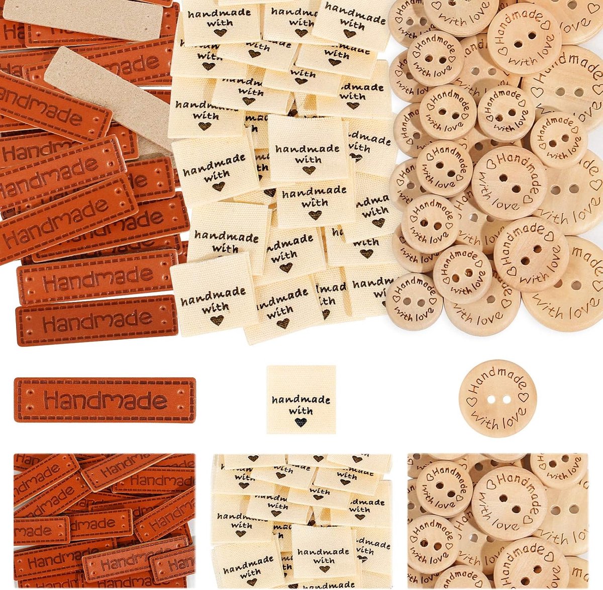 350 stuks/set (100 handgemaakte leren etiketten + 100 handgemaakte stoffen etiketten + 150 houten knopen 15 mm 20 mm 25 mm) voor breien, knutselen en naaien