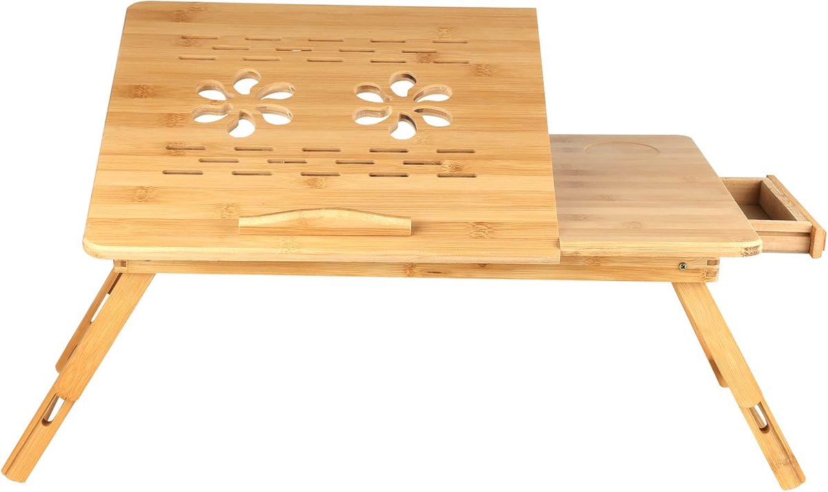 Laptoptafel, verstelbaar, van bamboe, inklapbaar, draagbaar, met lade en koelgaten, slaapbank (66 x 35 x 30 cm)